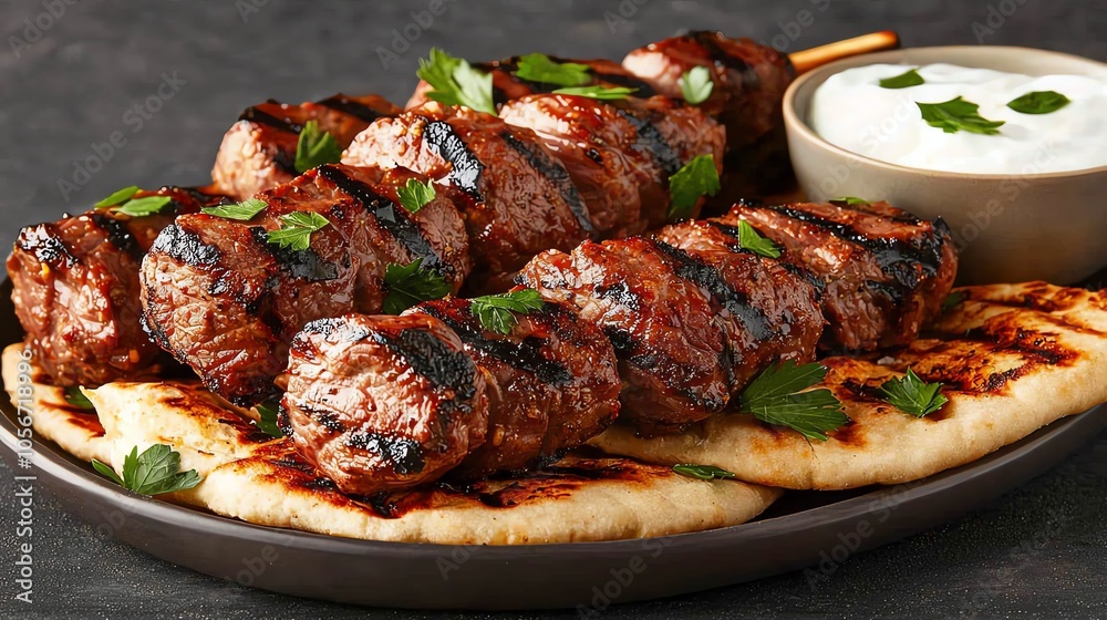 Grilled skewers of tender meat served with flatbread and creamy sauce, garnished with fresh herbs. Perfect for food lovers! Grilled skewers of tender meat served with flatbread and creamy sauce, garnished with fresh herbs. Perfect for food lovers!