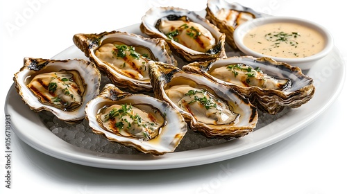 A delicious platter of grilled oysters served on ice with a flavorful dipping sauce, perfect for seafood lovers and gourmet dining.