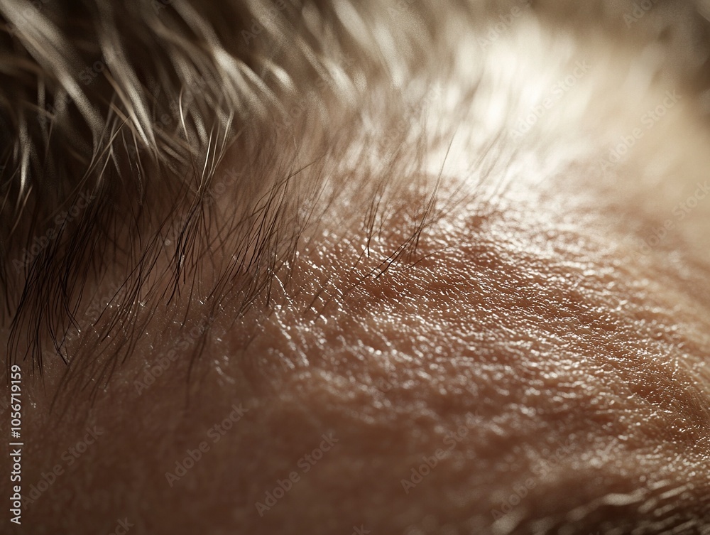 Fototapeta premium A close-up photo of the skin on the crown of the head, focusing on the scalp. The image highlights the texture, natural pores, and subtle hair growth. generative ai