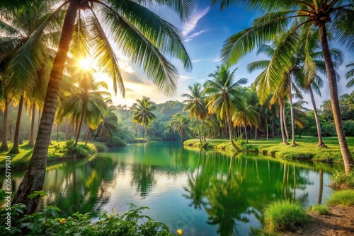 Warm sunlight filtering through palm trees in a lush green forest landscape with a serene lake in the background, nature, tropical, warm weather, sunshine, natural