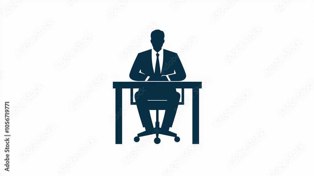 Flat icon of a chairman at a desk, ideal for corporate design, set against a white background. Flat icon of a chairman at a desk, ideal for corporate design, set against a white background.