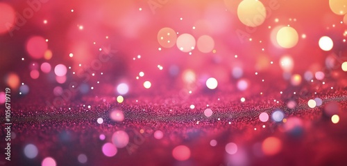 An abstract background featuring de-focused glittering fuchsia and silver lights, softly glowing against a deep coral backdrop. 