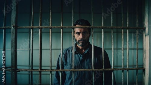 Portrait of Incarcerated Man Behind Prison Bars in Moody Lighting