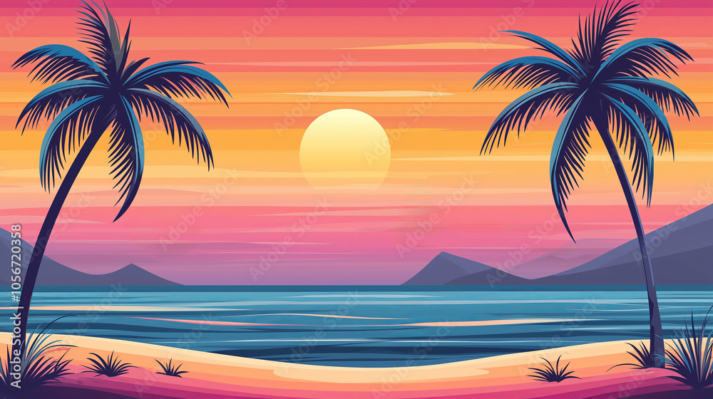Sunset over a beach with palm trees and a bright yellow sun.