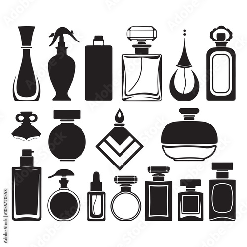 Vector illustration set of laboratory glassware and equipment icons, a black silhouette collection of scientific glass bottles and tools