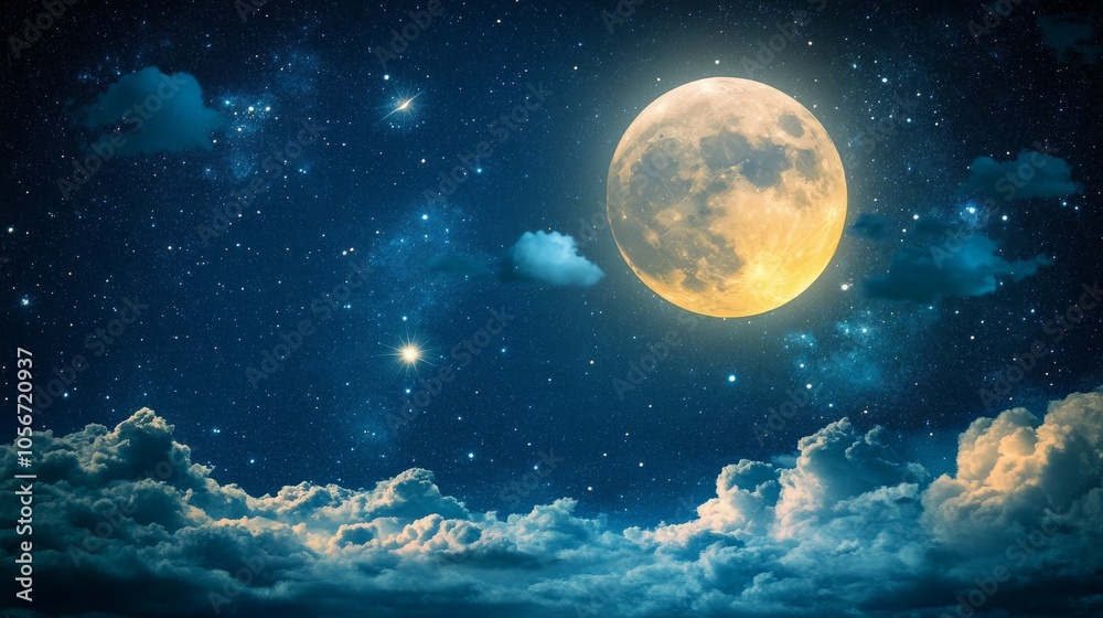 Fototapeta premium Full Moon, Stars, and Clouds in a Night Sky
