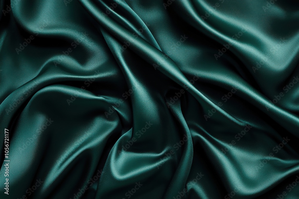 Fototapeta premium Lush green satin fabric backdrop. Elegant drapery. Smooth finish. Shiny surface. Luxurious background perfect for adding text. Digital banner. Aerial view of the table. Landscape orientation. Spacious