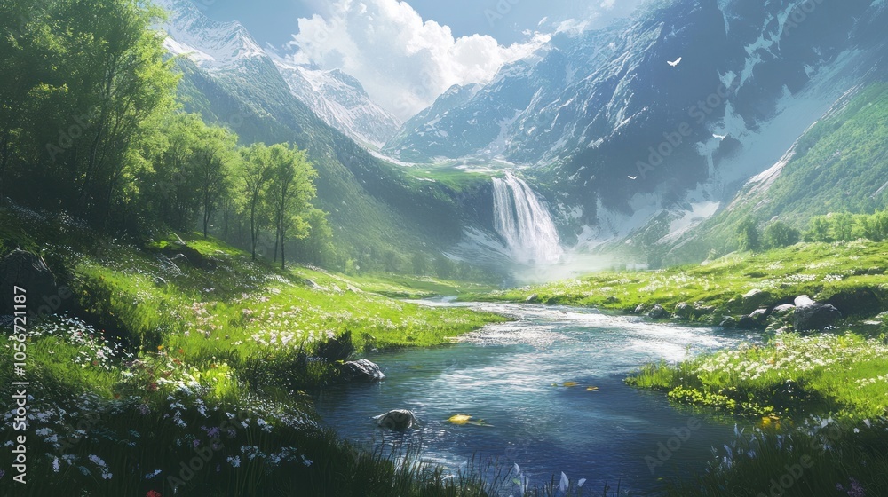 Serene Mountain Valley with a Waterfall Serene Mountain Valley with a Waterfall