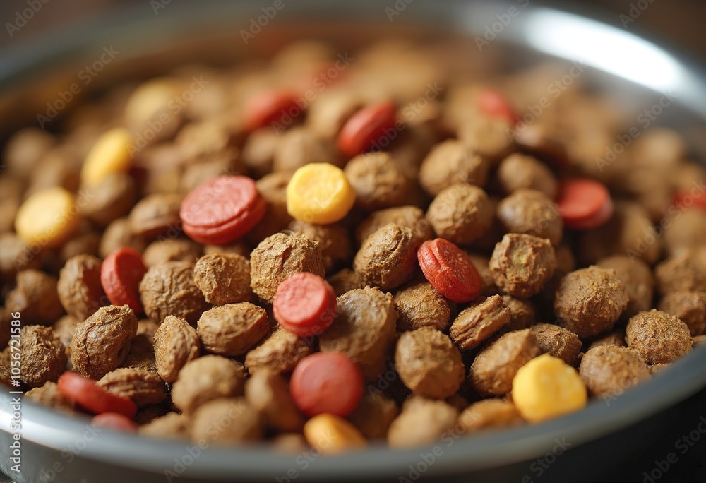 A bowl filled with dry dog food kibble, consisting of various shapes and colors including brown, red, and yellow pieces A bowl filled with dry dog food kibble, consisting of various shapes and colors including brown, red, and yellow pieces
