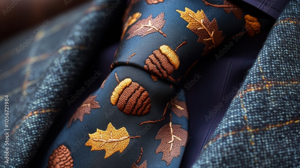 Close-up of a blue silk tie with embroidered fall leaves and acorns Close-up of a blue silk tie with embroidered fall leaves and acorns
