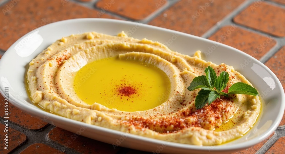 A bowl of vibrant hummus topped with olive oil and paprika A bowl of vibrant hummus topped with olive oil and paprika