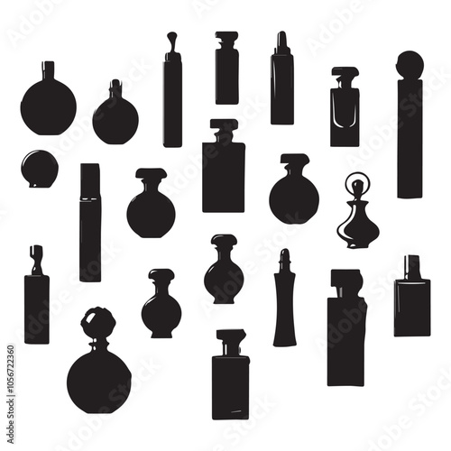 A vector illustration displays a set of different glass perfume bottles, an iconic design for the fragrance bar