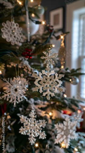 Snowflake ornaments hanging from a decorated Christmas tree.