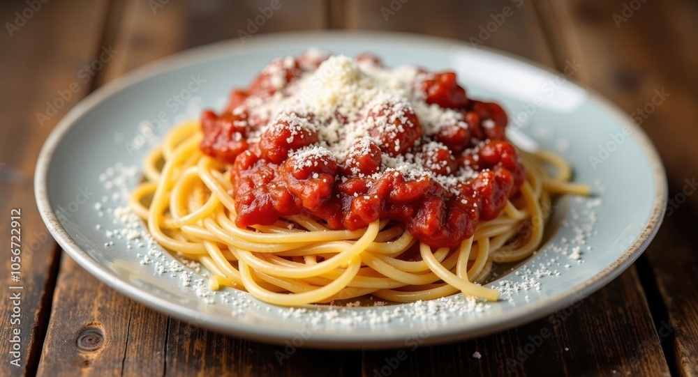 A plate of homemade spaghetti with marinara sauce and parmesan A plate of homemade spaghetti with marinara sauce and parmesan