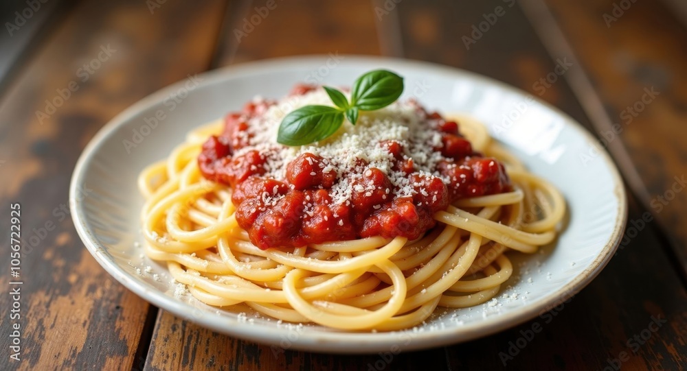 A plate of homemade spaghetti with marinara sauce and parmesan A plate of homemade spaghetti with marinara sauce and parmesan