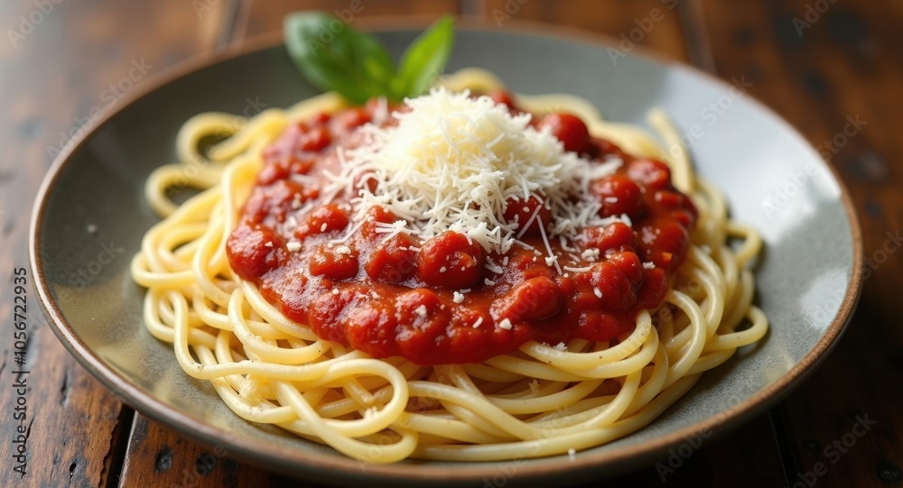 A plate of homemade spaghetti with marinara sauce and parmesan A plate of homemade spaghetti with marinara sauce and parmesan
