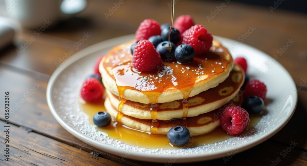 A stack of fluffy pancakes drizzled with syrup and topped A stack of fluffy pancakes drizzled with syrup and topped