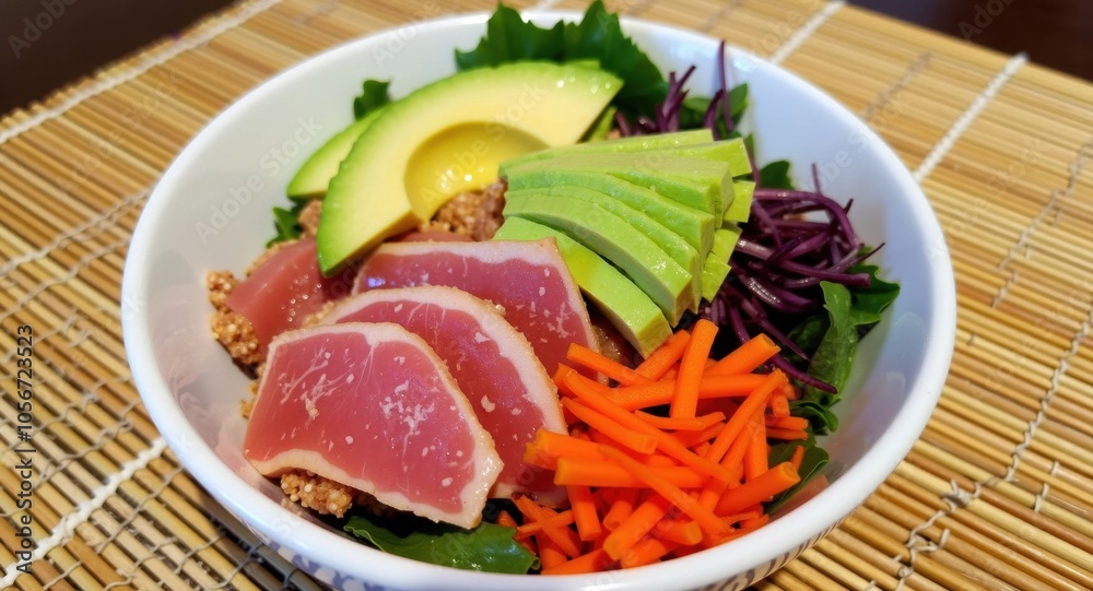 A vibrant poke bowl with tuna, avocado, and fresh vegetables A vibrant poke bowl with tuna, avocado, and fresh vegetables
