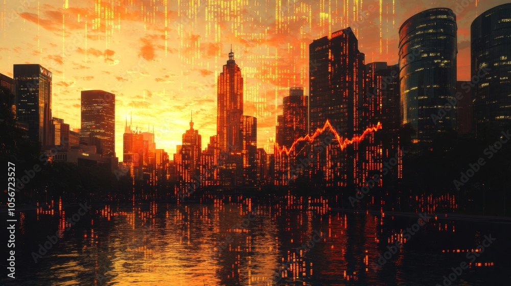 City Skyline with Orange and Red Digital Code and a Rising Stock Market Graph at Sunset City Skyline with Orange and Red Digital Code and a Rising Stock Market Graph at Sunset