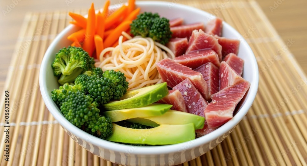 A vibrant poke bowl with tuna, avocado, and fresh vegetables A vibrant poke bowl with tuna, avocado, and fresh vegetables