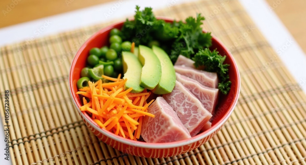 A vibrant poke bowl with tuna, avocado, and fresh vegetables A vibrant poke bowl with tuna, avocado, and fresh vegetables