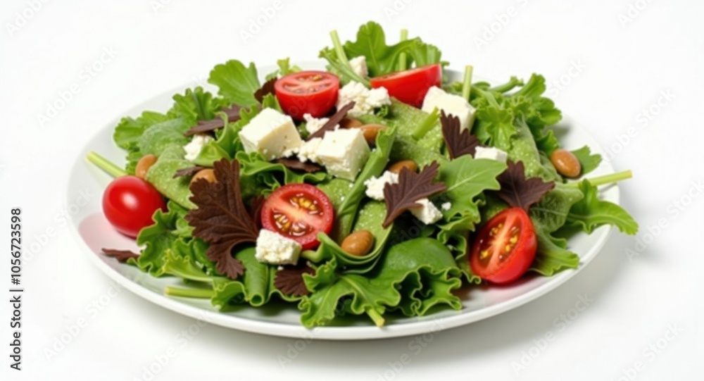 A vibrant salad with mixed greens, cherry tomatoes A vibrant salad with mixed greens, cherry tomatoes