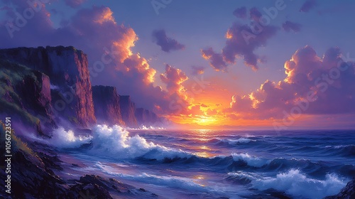 A dramatic sunset over a rocky coastline with crashing waves.