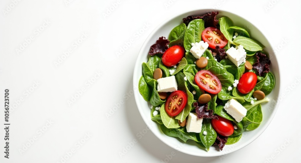 A vibrant salad with mixed greens, cherry tomatoes A vibrant salad with mixed greens, cherry tomatoes