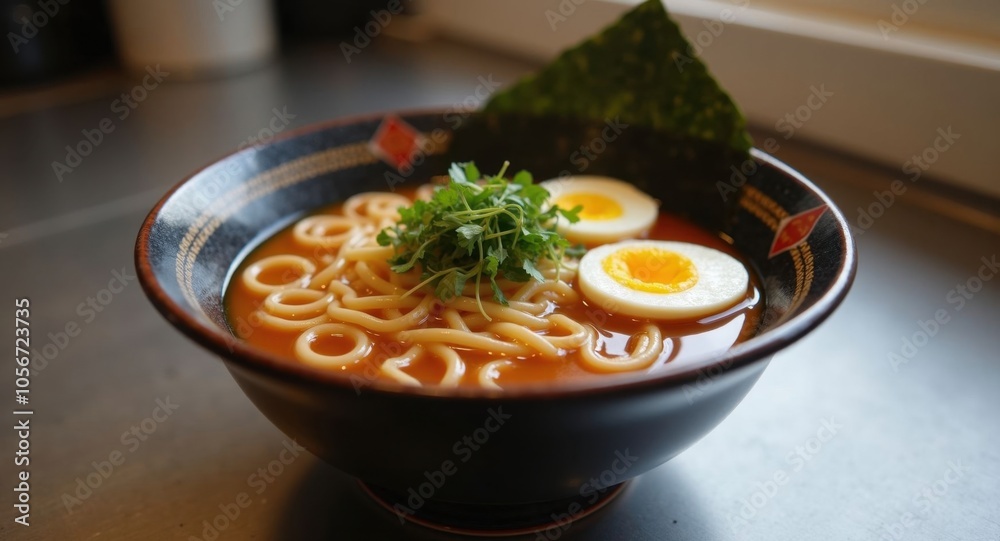 A warm bowl of ramen with soft-boiled egg, seaweed A warm bowl of ramen with soft-boiled egg, seaweed