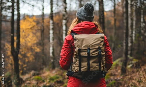 A woman wearing a red jacket and a backpack is standing in a forest