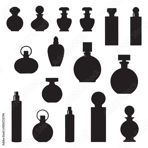 A black vector set of glass bottle icons and silhouettes includes perfume, wine, and other liquid containers