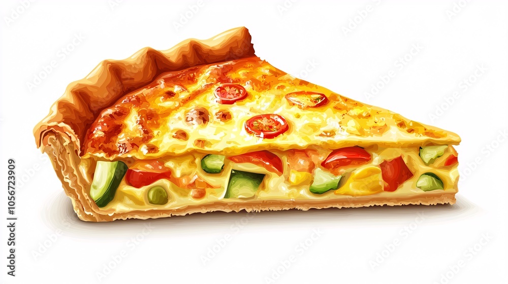 illustration of a scrumptious golden-brown vegetable and cheese quiche slice on a white background, perfect for culinary projects.