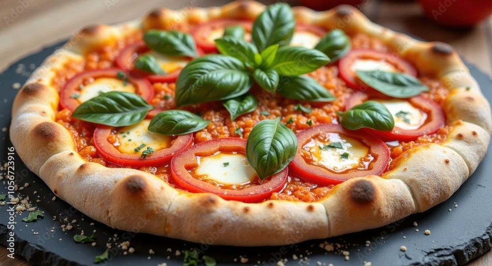 An artisanal pizza topped with fresh basil, mozzarella An artisanal pizza topped with fresh basil, mozzarella
