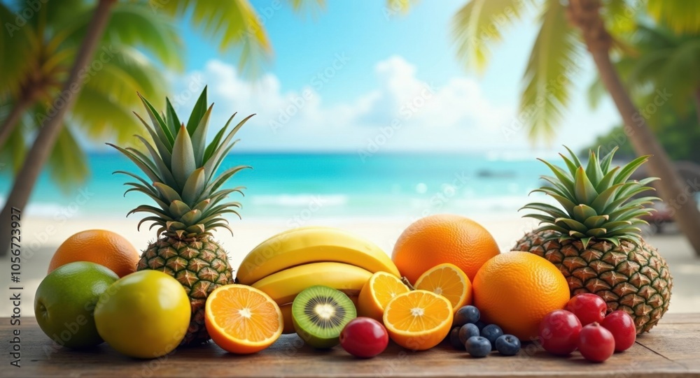 An assortment of exotic fruit on a tropical beach setting An assortment of exotic fruit on a tropical beach setting
