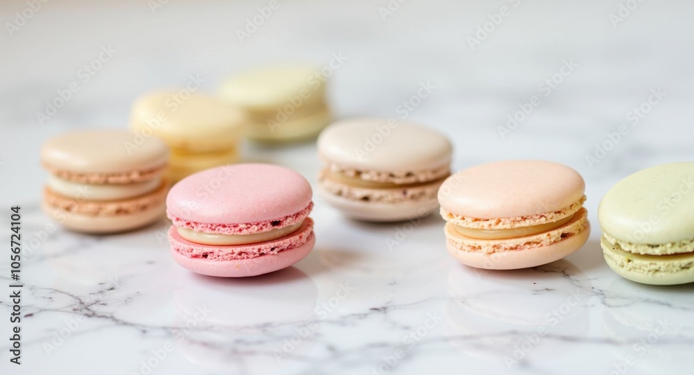 Delicate macarons in pastel colors arranged on a marble countertop Delicate macarons in pastel colors arranged on a marble countertop