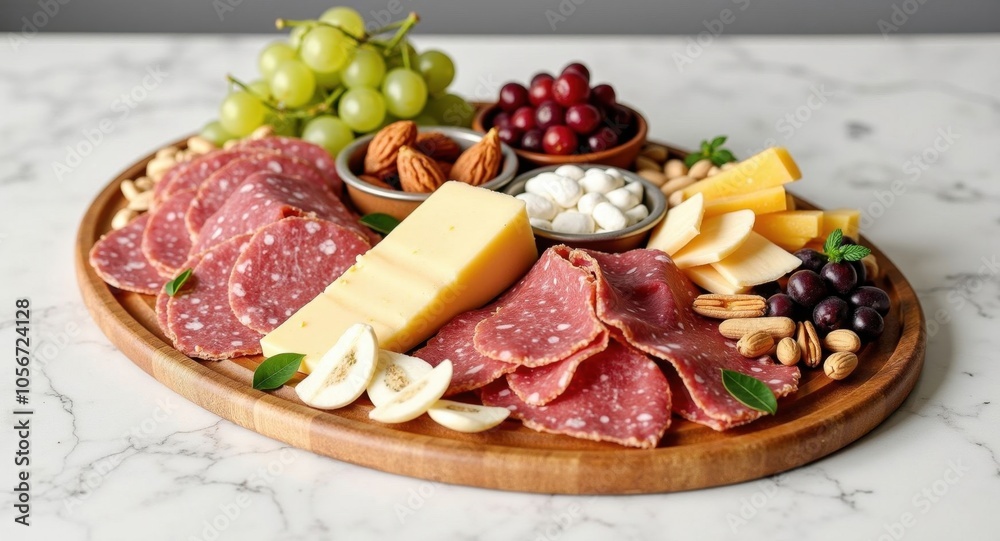 An elegant charcuterie board with a variety of cured meats An elegant charcuterie board with a variety of cured meats