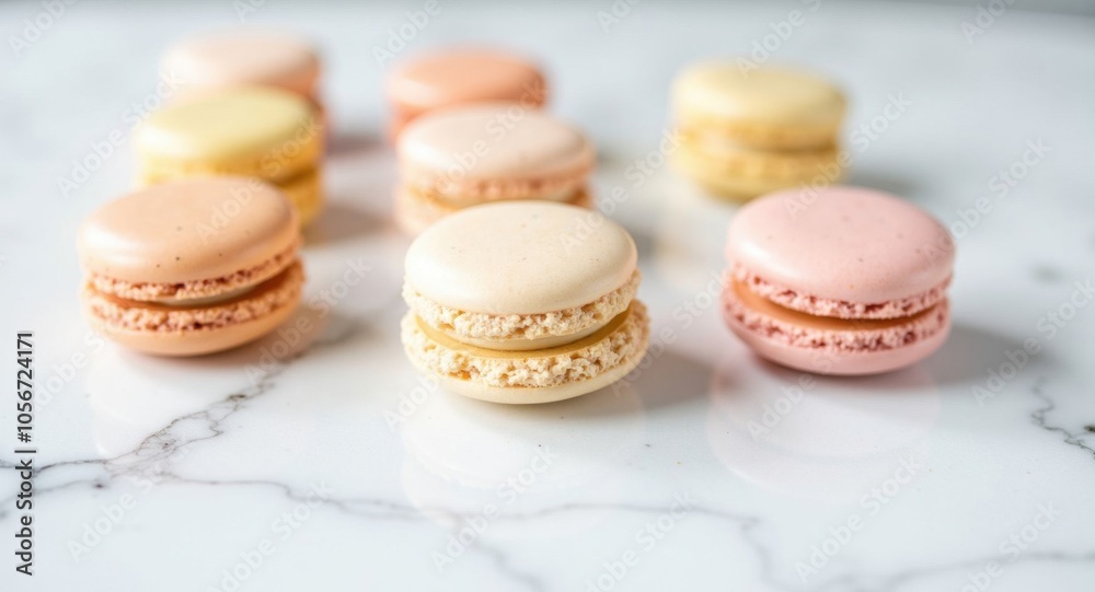 Delicate macarons in pastel colors arranged on a marble countertop Delicate macarons in pastel colors arranged on a marble countertop