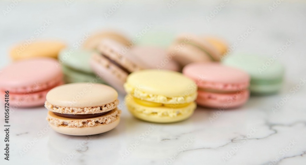 Delicate macarons in pastel colors arranged on a marble countertop Delicate macarons in pastel colors arranged on a marble countertop