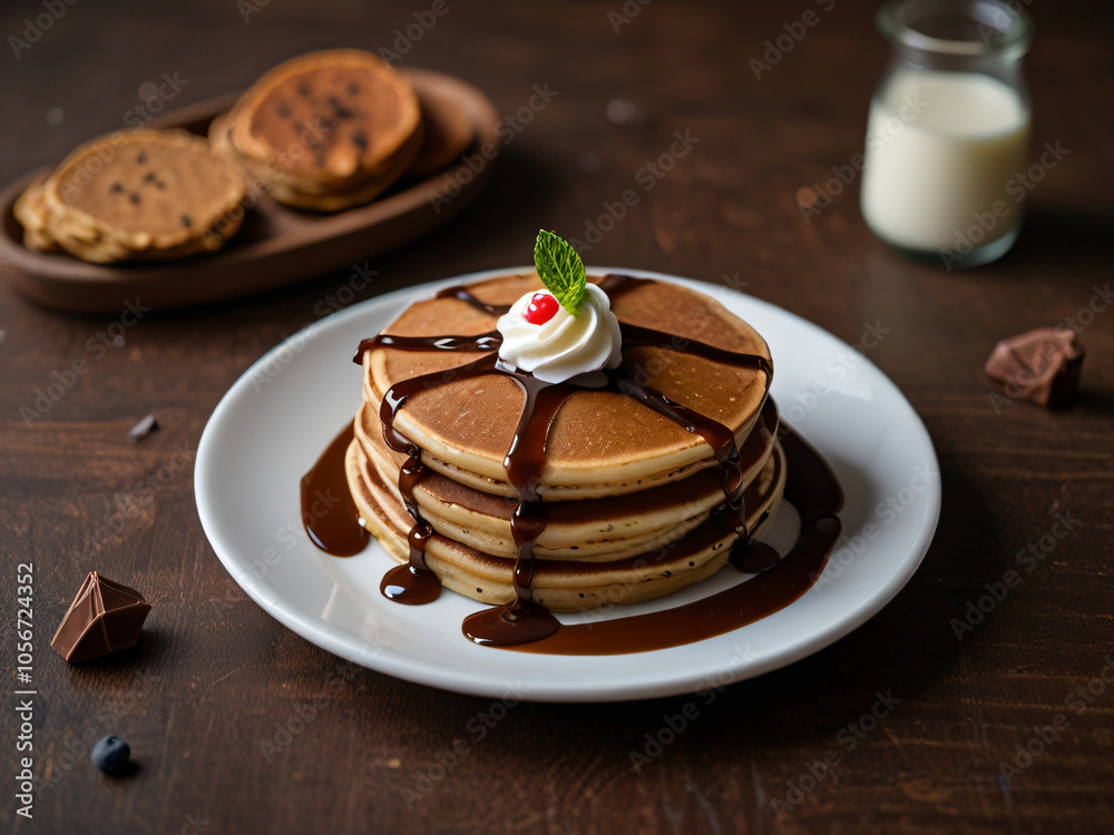 A stack of pancakes drizzled with chocolate sauce, garnished with berries and nuts. A stack of pancakes drizzled with chocolate sauce, garnished with berries and nuts.