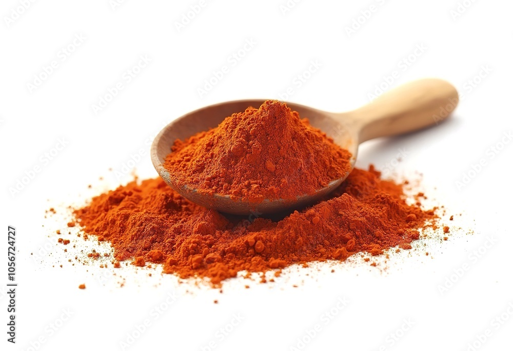 A pile of ground paprika or chili powder on a white background, with a wooden spoon next to it