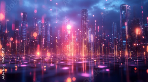 Wallpaper Mural Futuristic Cityscape with Illuminated Skyscrapers and Glowing Lights Torontodigital.ca