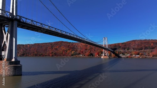 A drone view over the Hudson River by the mid Hudson Bridge on a sunny day during the colorful fall season. The camera dolly in towards and below the bridge span then pan left showing the scenery. photo