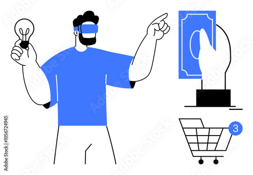 Man wearing VR headset holds a lightbulb and points at icons for payment and shopping cart with three items. Ideal for e-commerce, future shopping, VR technology, digital transactions, online