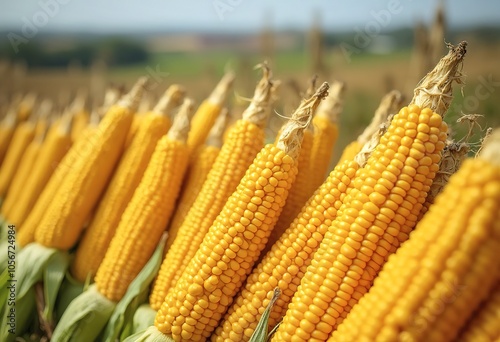 Corn cobs arranged in a row, showing the yellow kernels and the cylindrical shape of the cobs