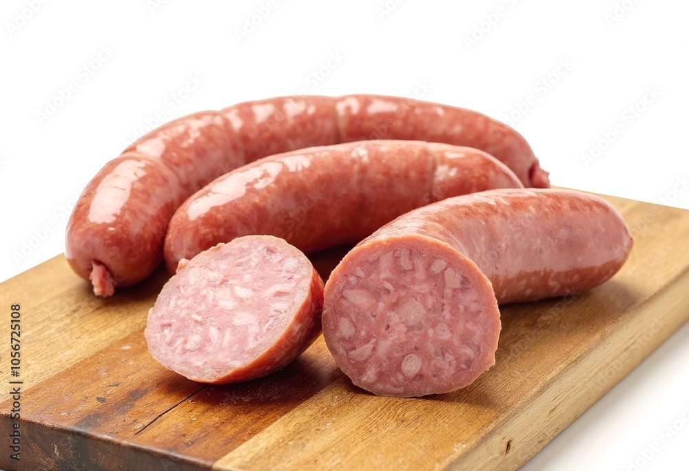 Pink sausages on a wooden cutting board isolated on white background Pink sausages on a wooden cutting board isolated on white background