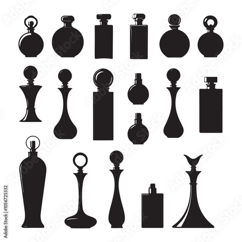 Black and white icons set includes a chess set, perfume bottle, and cocktail glass vector illustration