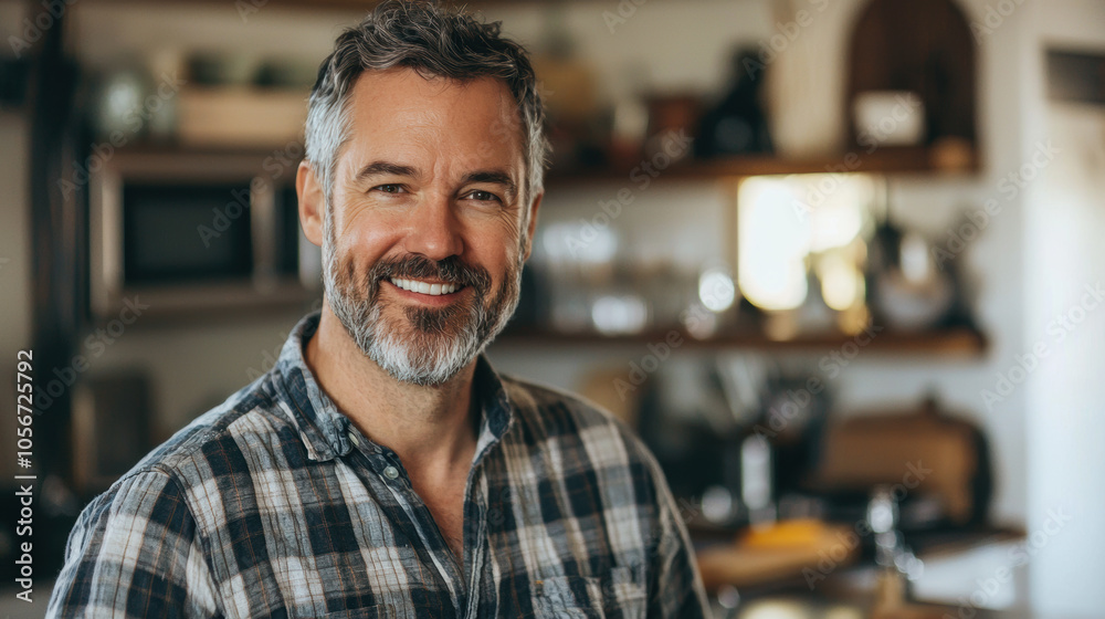 Portrait of a smiling middle-aged man with a beard, wearing a plaid shirt, standing in a cozy kitchen, looking directly at the camera Portrait of a smiling middle-aged man with a beard, wearing a plaid shirt, standing in a cozy kitchen, looking directly at the camera