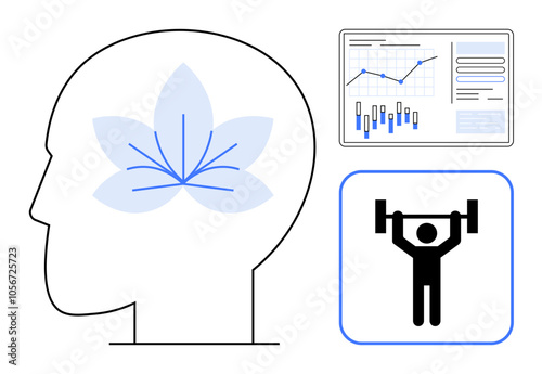 Head silhouette with floral brain, graph charts, and barbell icon. Ideal for mental health, physical fitness, data analysis, medical, holistic wellness, personal growth, healthcare. Line metaphor