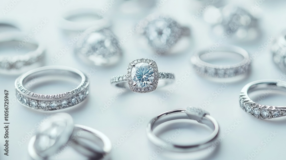A set of diamond rings arranged artistically on a plain white surface. The rings feature A set of diamond rings arranged artistically on a plain white surface. The rings feature