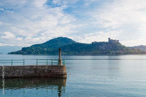 Lake Maggiore, Italy. Arona lakeside in the historic center and view from square del Popolo, the oldest and most characteristic part of the town, towards Angera town photo